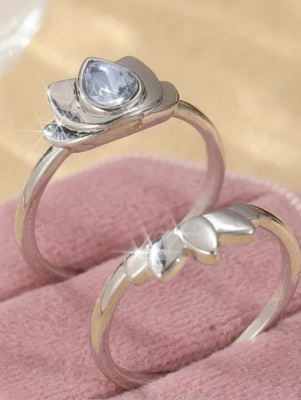 Boho Silvery Lotus Flower Ring Set | Blue Water Drop Crystal Size 8 - Picture 11 of 12